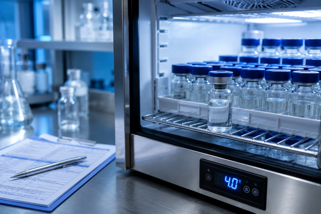 Labelled reconstituted peptide vial stored in a laboratory refrigerator with certificate of analysis documentation