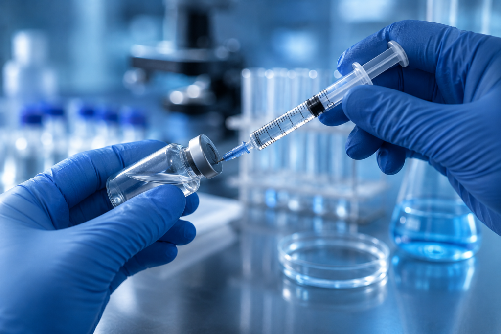 Drawing bacteriostatic water into a sterile syringe for peptide reconstitution in a laboratory setting