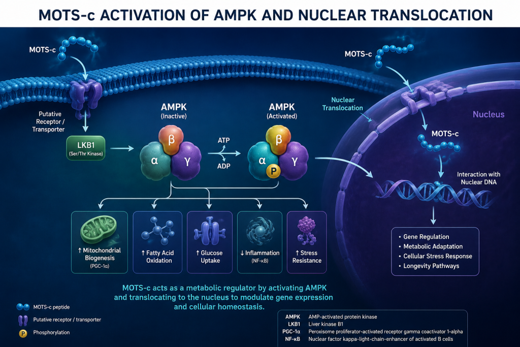 MOTS-c mechanism of action, AMPK activation and nuclear translocation diagram