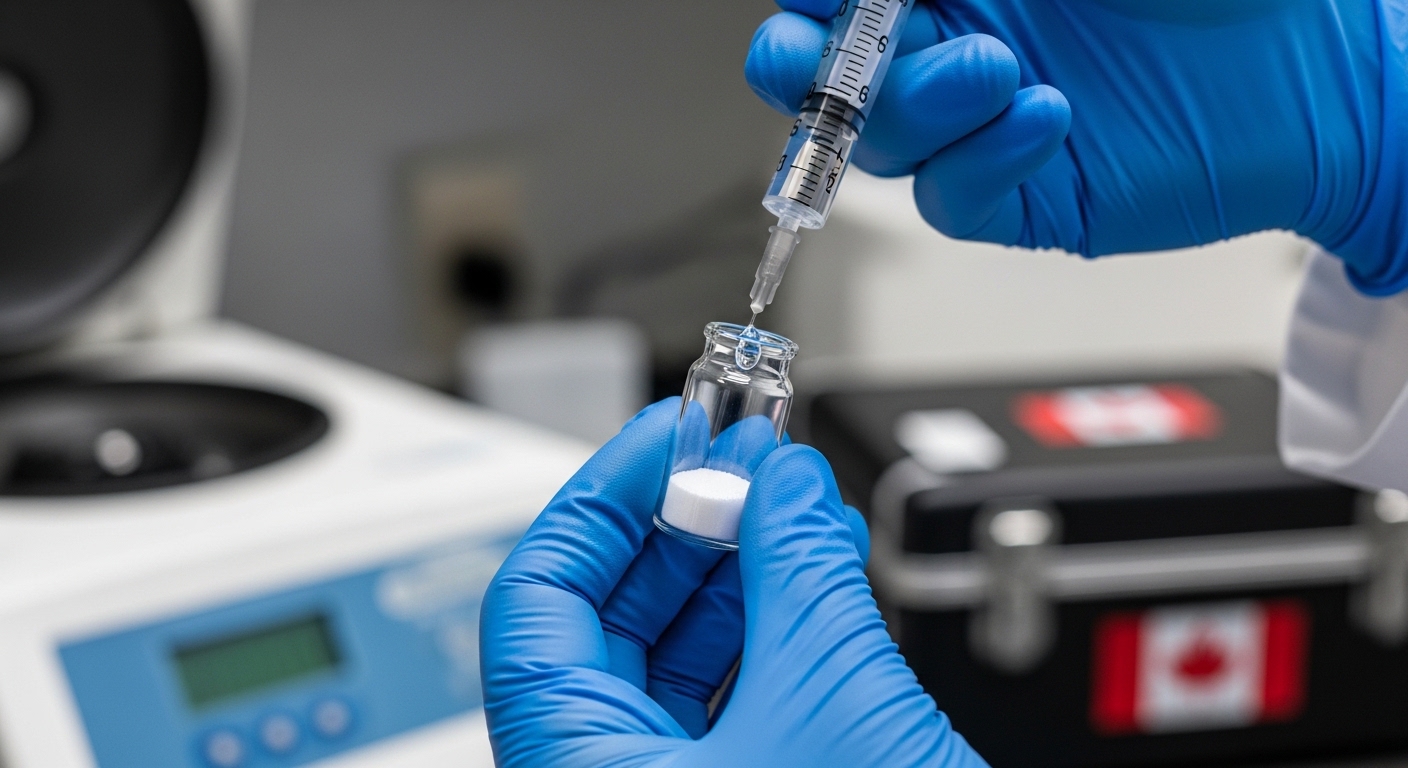 Peptide reconstitution setup showing lyophilised vial, bacteriostatic water, and sterile syringe on a laboratory bench