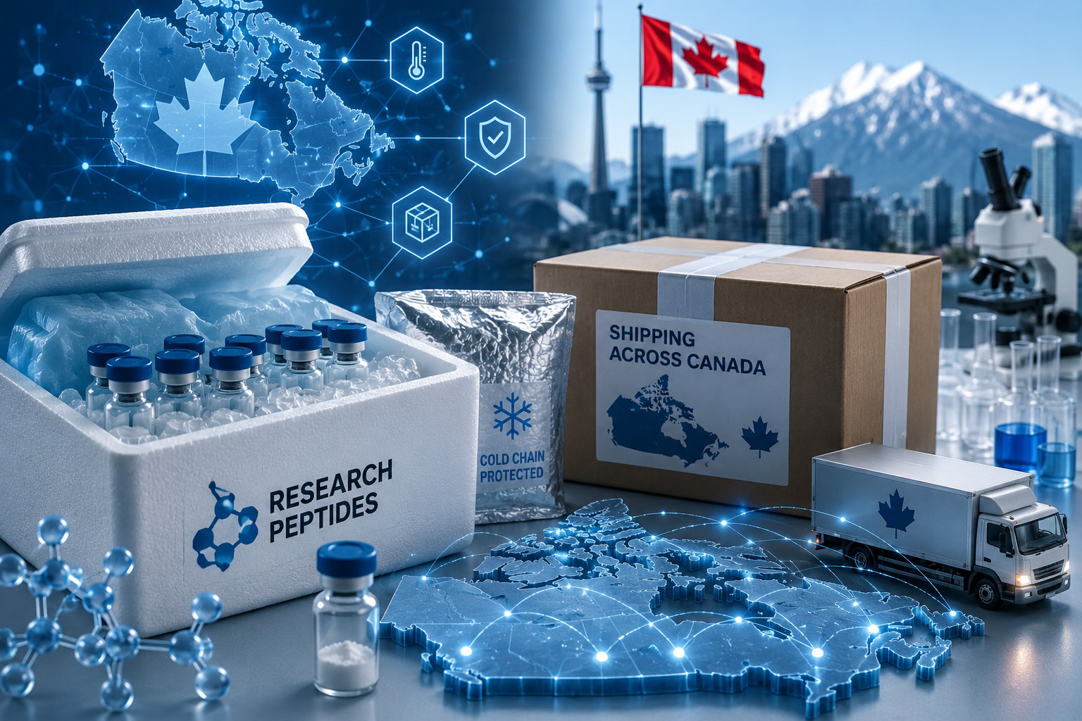 Peptide Shipping in Canada showing cold-chain research peptide delivery, lab vials, and secure biotech logistics.