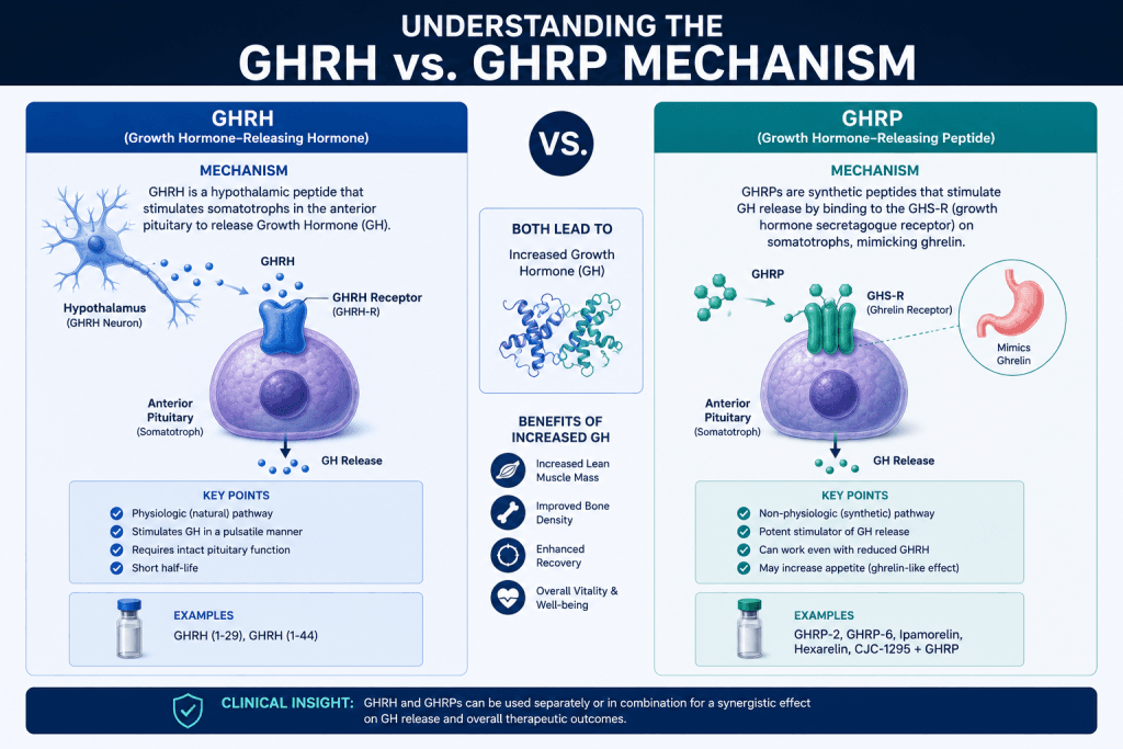 GHRH vs. GHRP Research showing growth hormone release mechanisms and peptide signaling pathways
