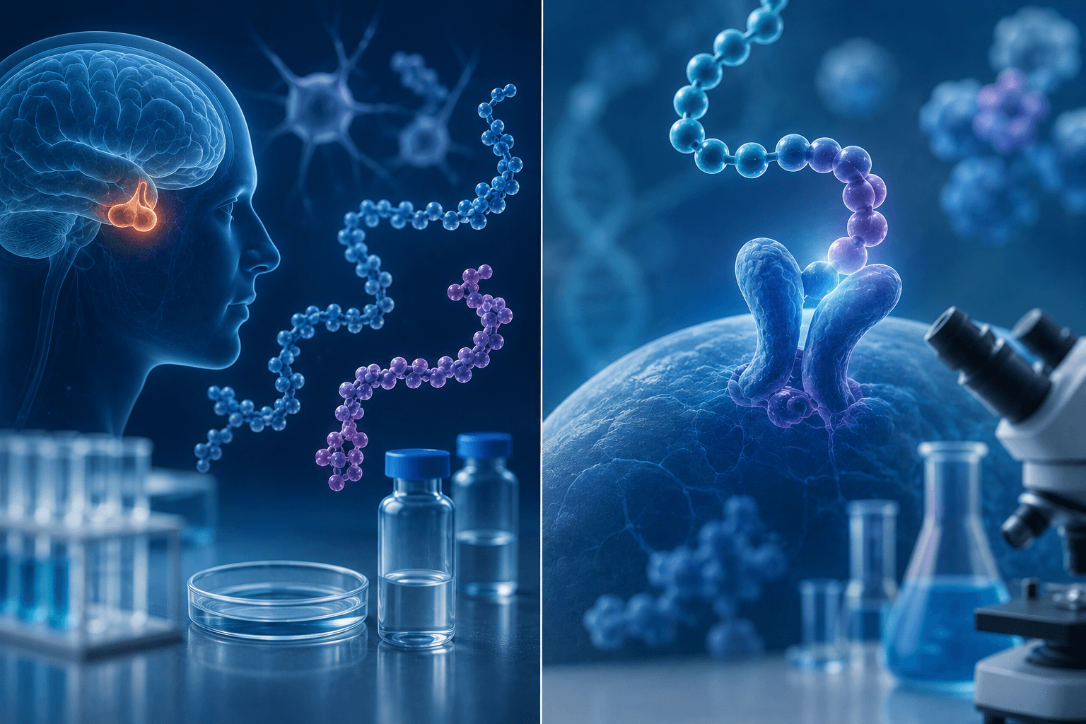 GHRH vs. GHRP research showing peptide signaling pathways, receptor interactions, and growth hormone regulation in a biotechnology laboratory.