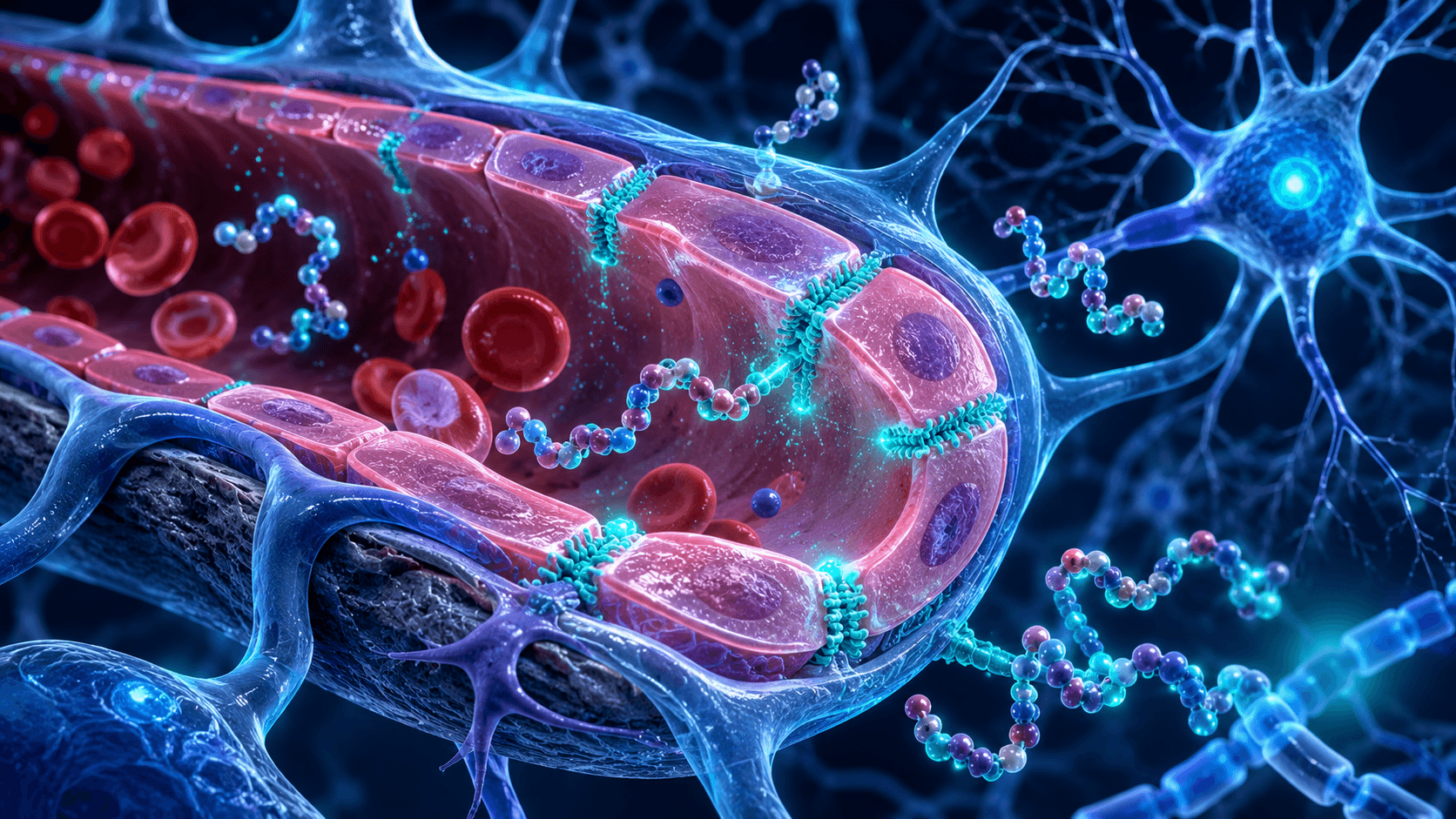 3D illustration of the blood-brain barrier showing endothelial cells, tight junction proteins, and peptide molecules with glowing teal highlights on a dark navy scientific background.