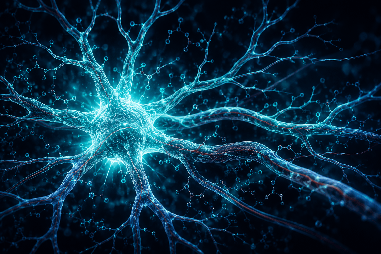 Abstract angiogenesis illustration showing branching capillary blood vessels with glowing teal bioluminescent filaments and molecular structures on a dark navy scientific background.