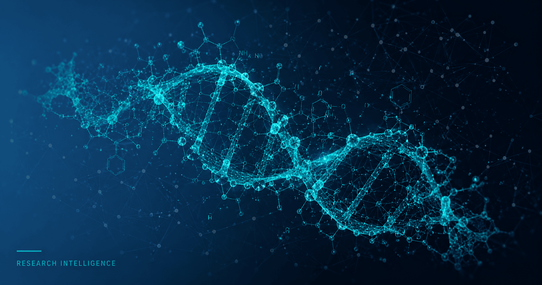 AI peptide discovery concept featuring a glowing teal molecular helix and neural network architecture on a deep navy background, illustrating generative AI design of novel peptide sequences.