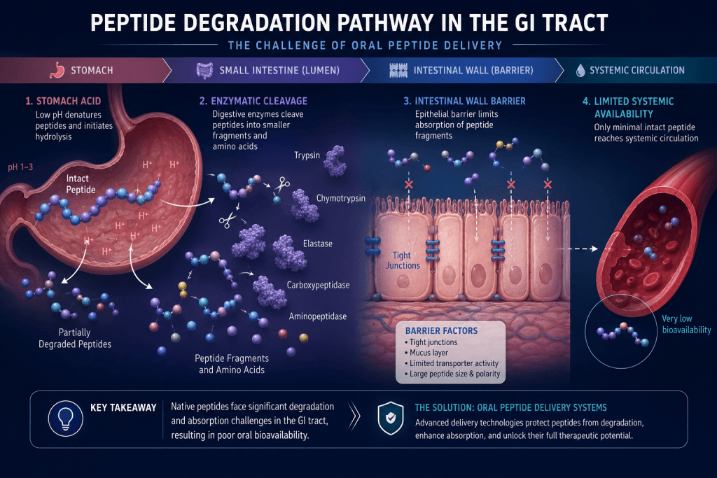 diagram showing GI tract peptide degradation barriers