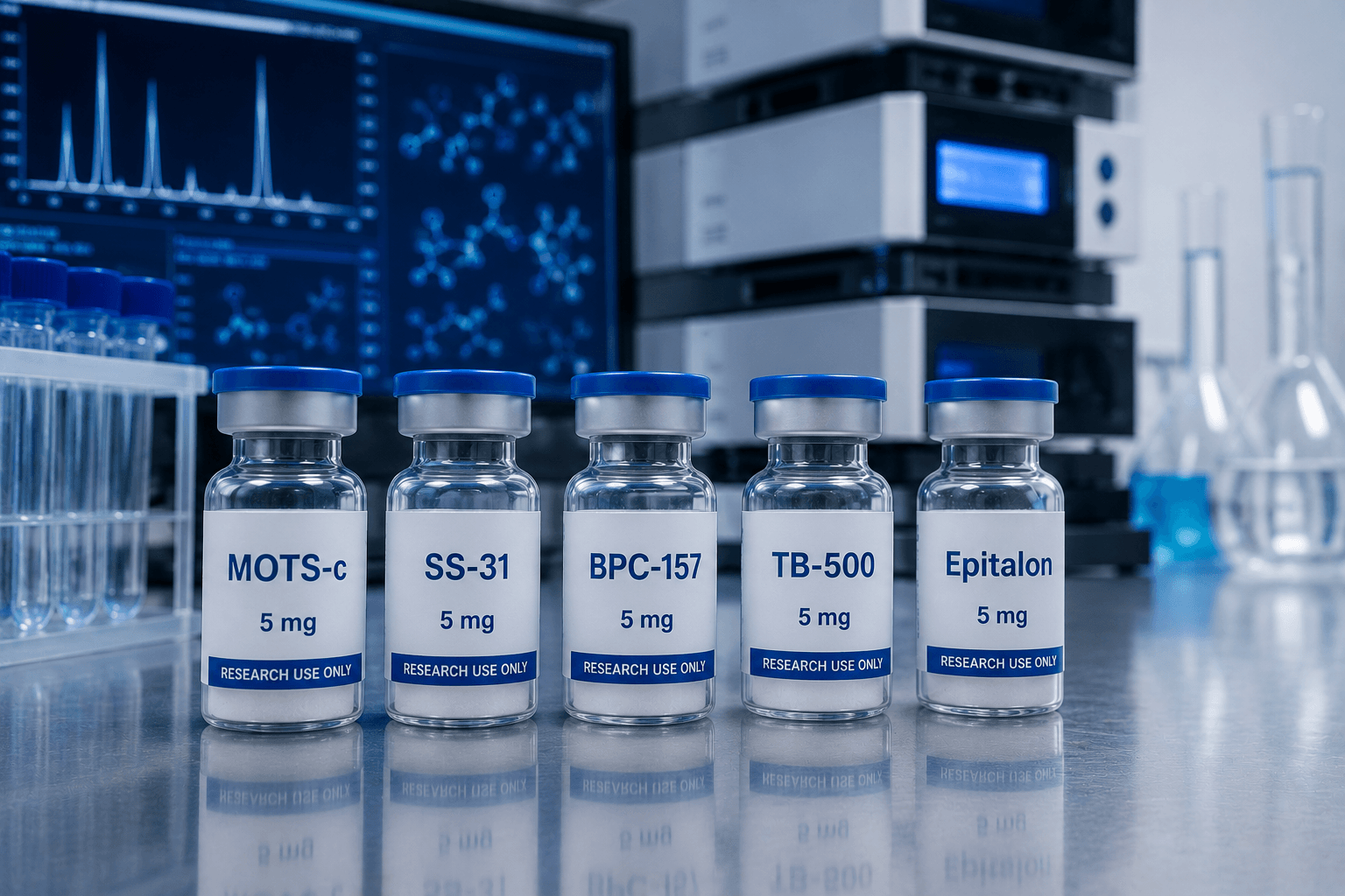 Research-grade peptide vials prepared for mitochondrial in-vitro study