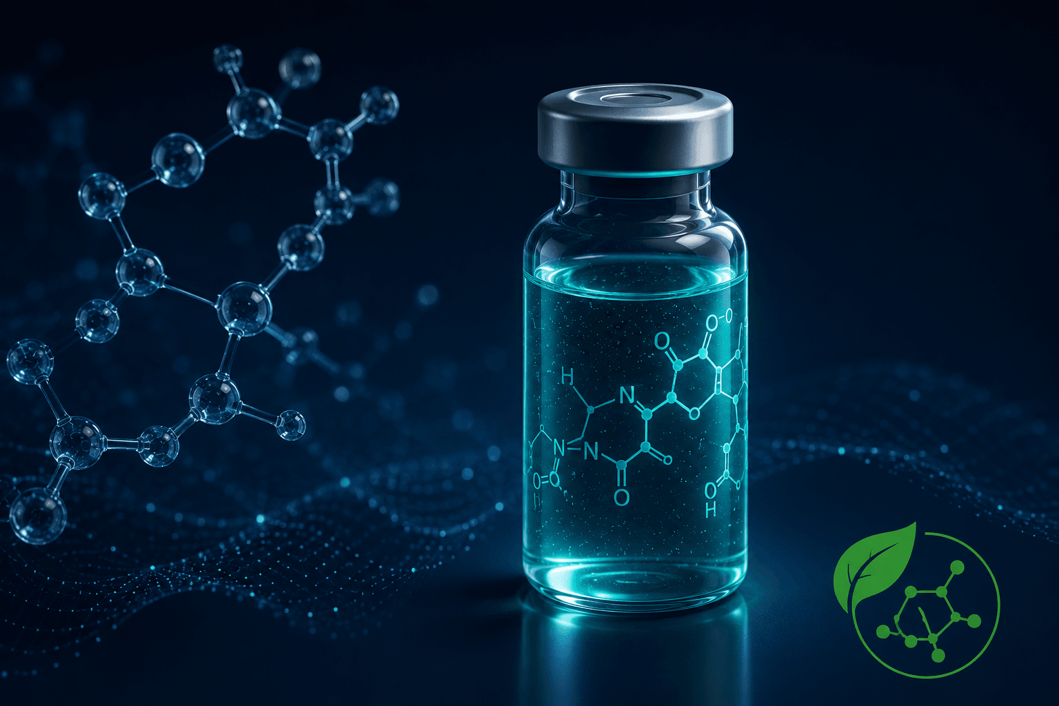 Laboratory vial with glowing teal molecular structure on a dark navy background, accompanied by a green leaf and molecule icon representing sustainable peptide synthesis and green chemistry research.