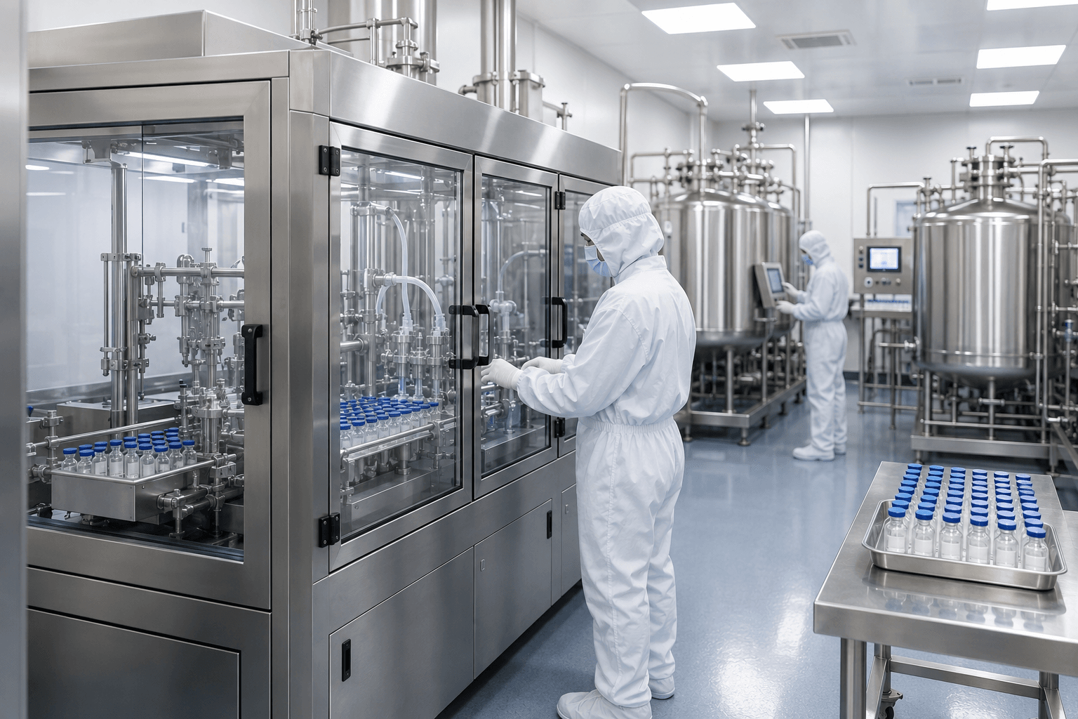 Sterile GMP peptide manufacturing facility with stainless steel bioprocessing equipment, automated filling systems, and technicians in full cleanroom suits.