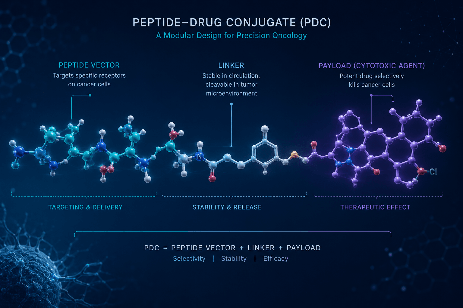 Diagram of peptide-drug conjugate structure showing targeting peptide, linker, and cytotoxic payload
