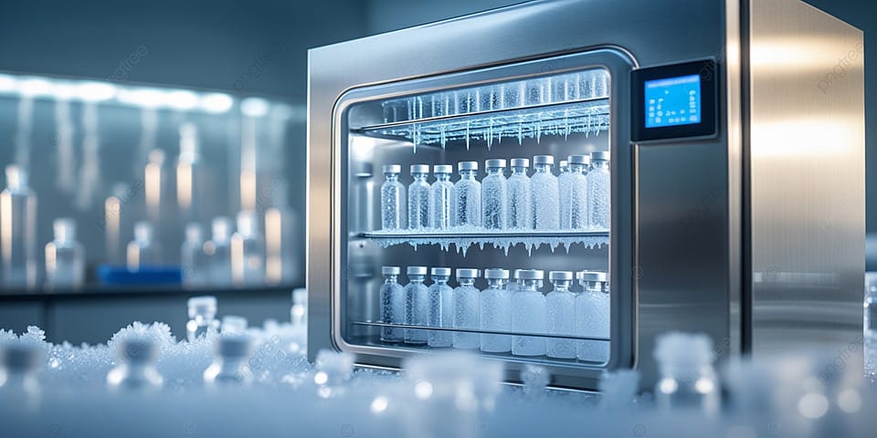 a frosted peptide vial from a laboratory freezer